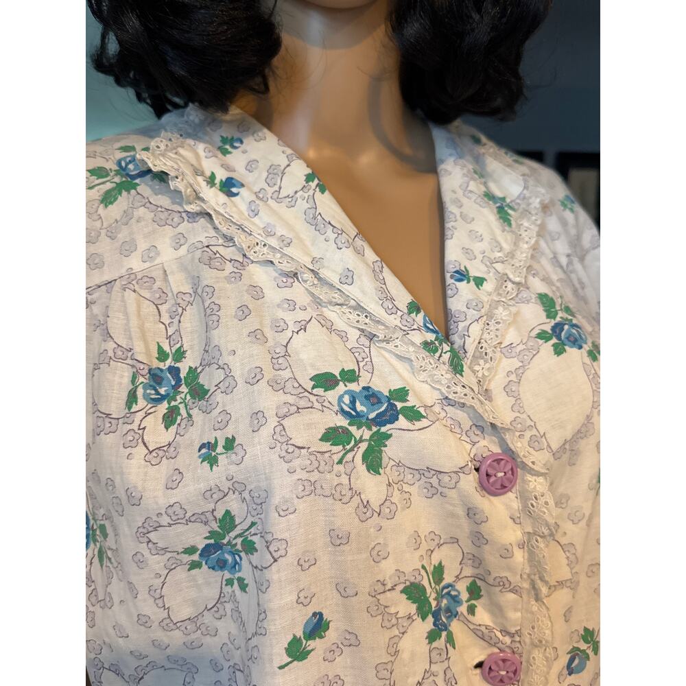 1950s Handmade Floral Day Dress Blue Rose Eyelet Trim Medium - Picture 4 of 16